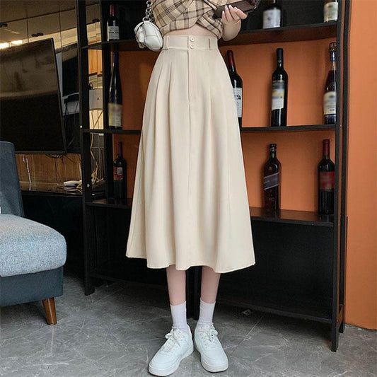 Korean Version of Spring Clothing Solid Color Fashion Two Button Design High Waist Slim Skirt A-line Midi Skirt Women's Trend