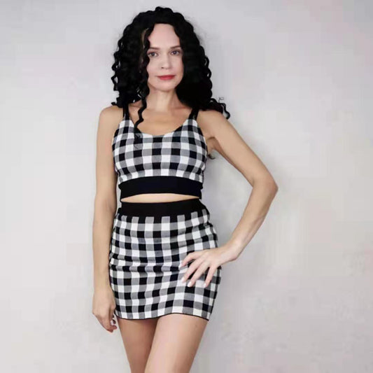 2pcs/set Women's Knit Suit Plaid Camisole Hip Skirt Two-piece Set bodycon Short Skirt Two-piece Women Outfits