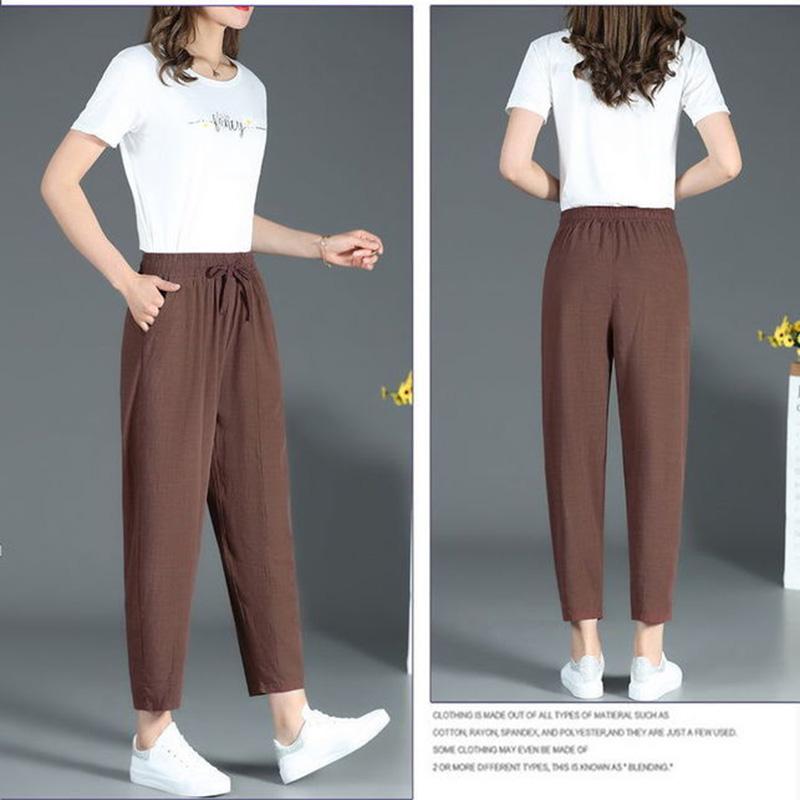 WTEMPO XL-XXXXL Cotton Linen Pants Women Spring and Summer Loose Elastic Waist Solid Color Casual Trousers