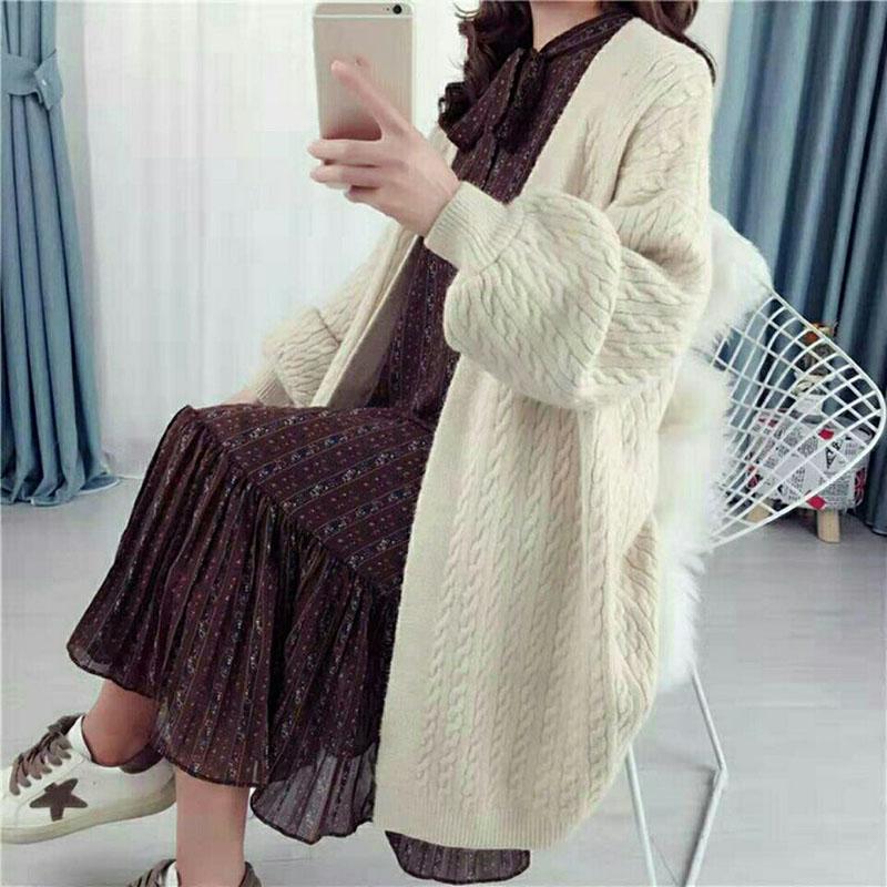 Autumn and Winter Casual Thick Sweater Knitted Cardigan Loose Top Mid-length Solid Color Women's Jacket