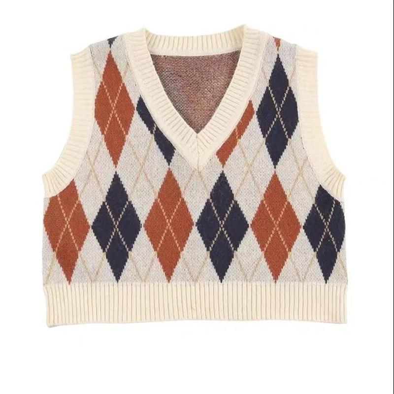 Vintage Plaid Sweater Vest Ladies Female Women V-neck Sleeveless Tank College Style Knitting Pullovers Tops for Daily