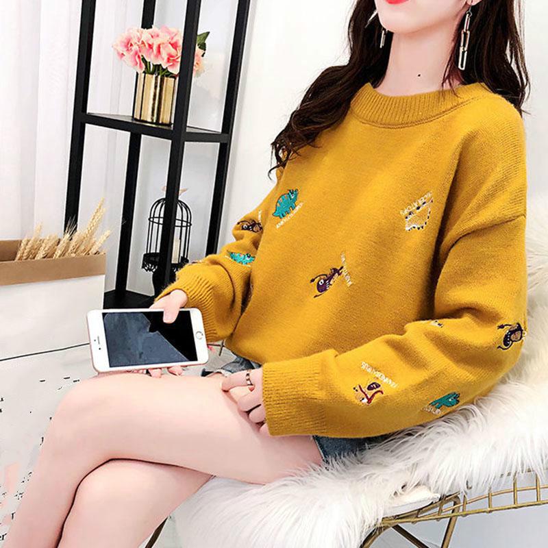 Casual Embroidery Sweater Women Loose Round Neck Pullover Sweater Thickened Warm Knitwear Jumper Outwear