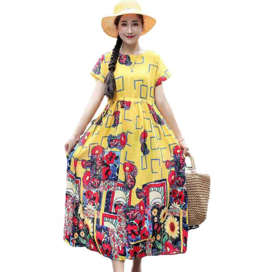 Ethnic Print Elegant Dress Female Summer Loose Size Short Sleeve Art Vintage Loose Waist Long Dress