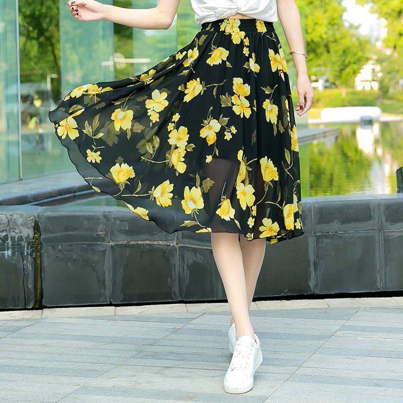 Floral Chiffon Skirt Female Summer Mid-length High-waist Print Big Swing Fairy Skirt Ladies Small Short Skirt Thin