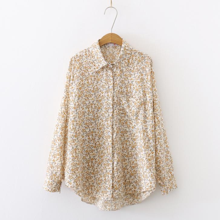 Spring Women Vintage Loose Letter Floral Shirt Long Sleeve Button Up Chiffon Blouse Turn-Down Collar Autumn Casual Tops