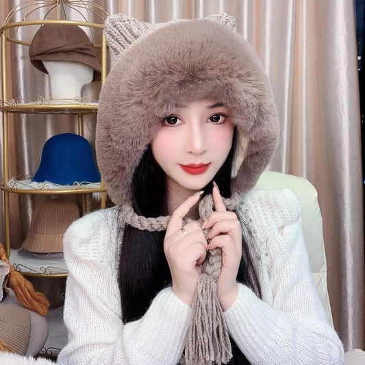 Winter Plush Knitted Hat Women's Cute Ear Thickened Woolen Hat Oversized Woolen Hat