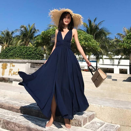 Womens Summer Boho Maxi Long Dress Party Beach Dresses V Neck Split Sundress Floral Halter Dress