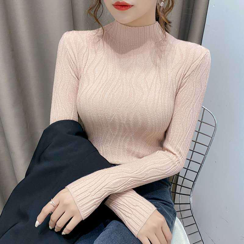 Autumn Winter Knitted High Neck Sweater Women's Solid Color Stretch Slim Bottoming Shirt All-mach Wrinkle Pullover Jumper Top