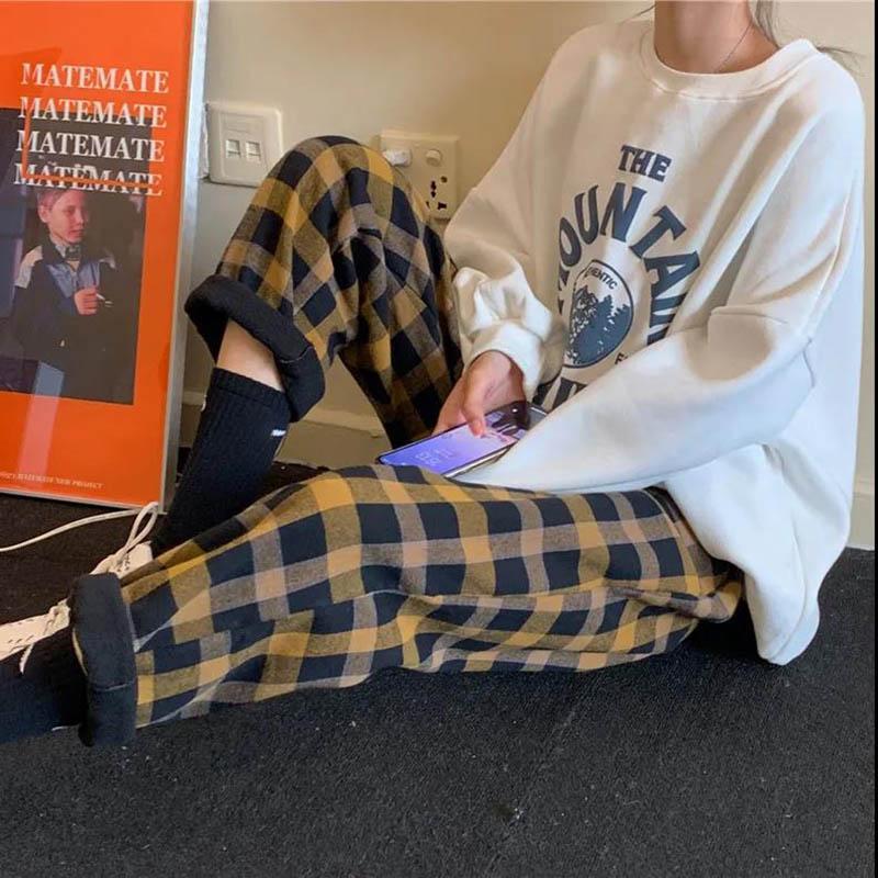 Autumn and Winter Loose Sports Pants Plaid Casual Pants High Waist Plus Velvet Thickened Wide Leg Pants Ins Pants Women