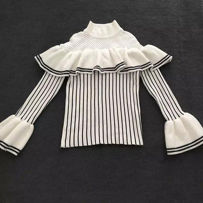 High-neck Hollow Ruffled Sweater Fashion Flared Sleeves Vertical Striped Top Casual Slim