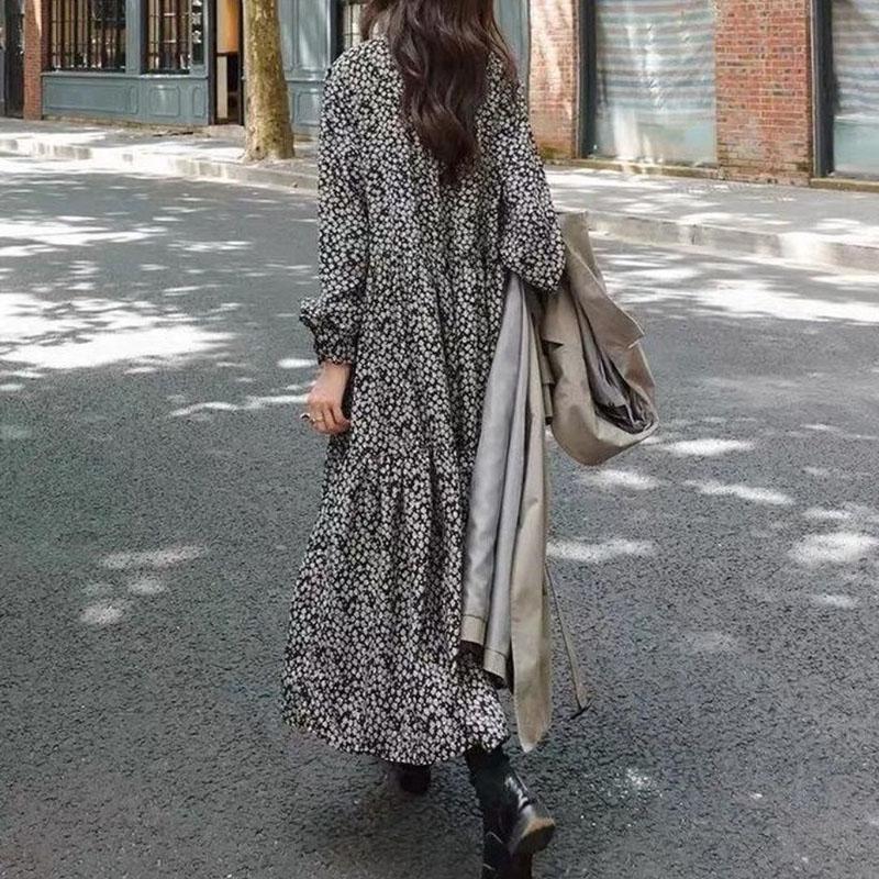 Spring and Autumn French Retro Floral Ladies Bottoming Dress Long Dress Fashion Korean Version Loose and Thin Hepburn Printed Women's Long Dress