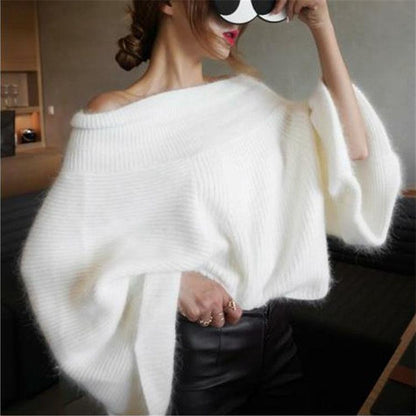 Autumn and Winter Sexy Off-the-shoulder Blouse Mink Fleece Pullover Sweater Loose Big Flared Bottoming Shirt