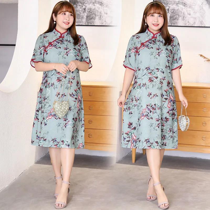 115 Kg Plus Size Women's Summer Dress Fat Sister Retro Temperament Loose and Thin Cheongsam Skirt Dress