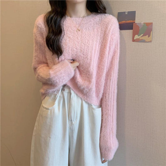 Pink Sweater Women Knitted Pullover Sweater O Neck Long Sleeve Loose Casual Jumper Furry Fall Winter Women Sweater Cropped Tops Short Clothes