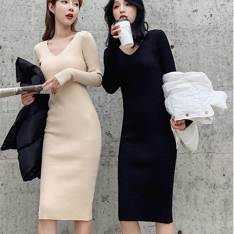 Winter Mercerized Cotton Temperament Goddess Fan Sweater Knit Dress V-neck Long-sleeved Slim Slimming Black Hip Skirt