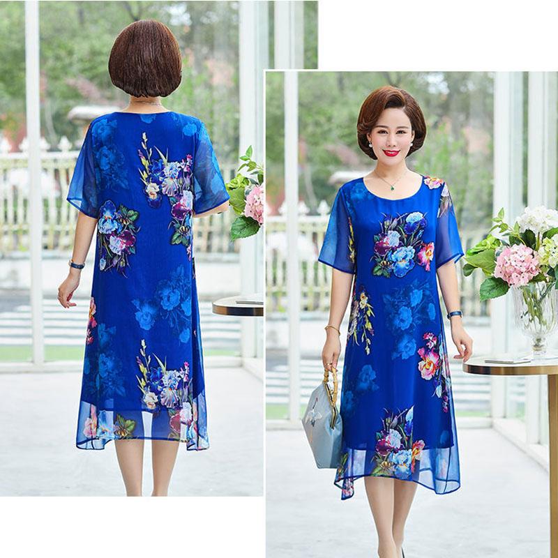 Large Size Middle-aged Women's Summer Dress Over The Knee Middle-aged Mother's Summer Dress Chiffon Short-sleeved Skirt Loose