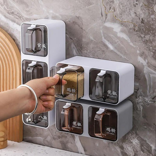 Kitchen Storage Box Thickened Double-grid Seasoning Box Household Wall-mounted Punch-free Seasoning Jar with Spoon Seasoning Rack