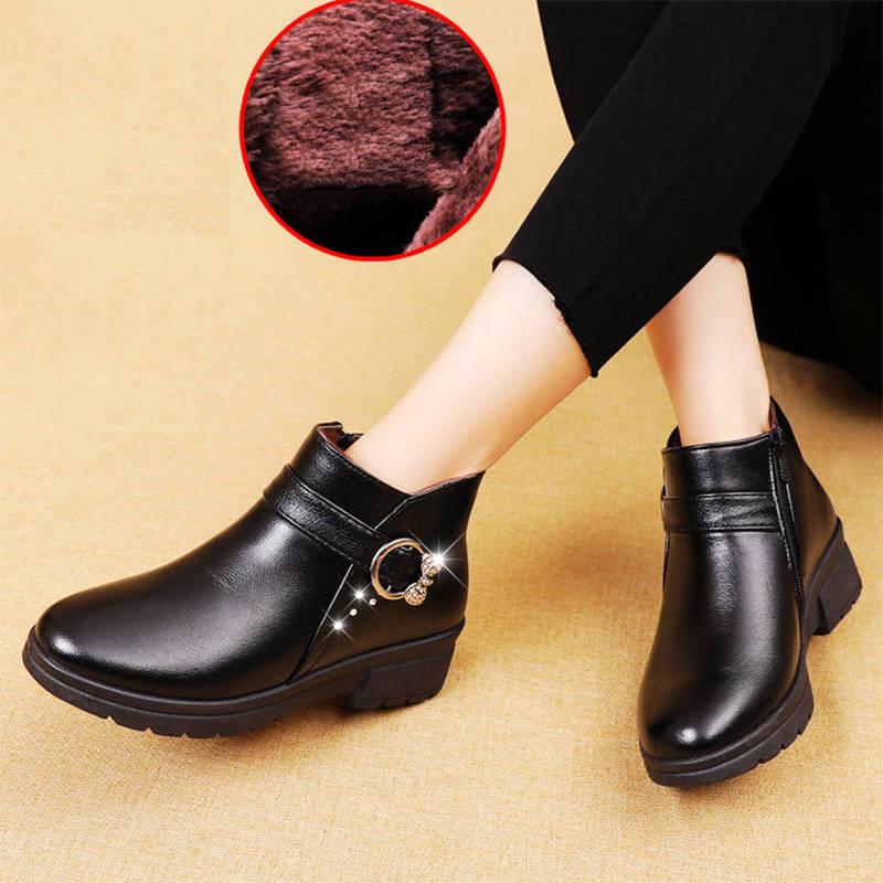 Women's Snow Boots Women Martin Boots Female Plush Leather Shoes Woman Flat Fashion Round Toe Shoes