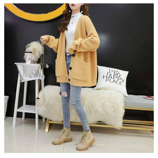 4 Colors Women Loose Cashmere Long Section V-neck Sweater Knitted Cardigan Button Jackes