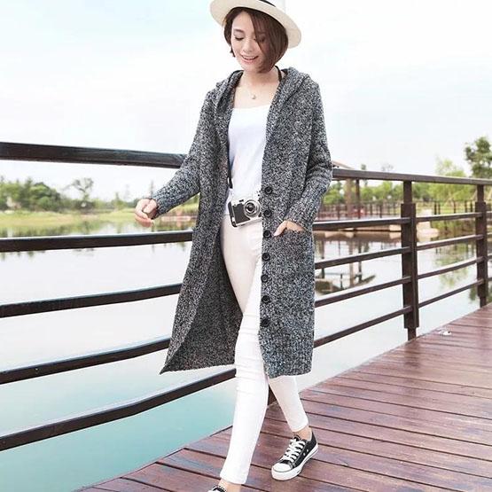 Spring and Autumn Women's Button Hooded Sweater Large Size Solid Color Mid-length Cardigan Loose Casual Sweater Coats