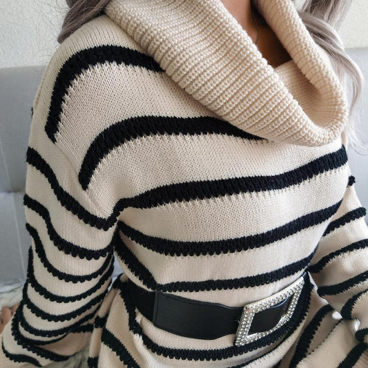 Turtleneck Striped Knitted Sweater Dress Women Long-sleeved Casual Loose Dress Sexy Sweaters Dressed Ladies Autumn Winter