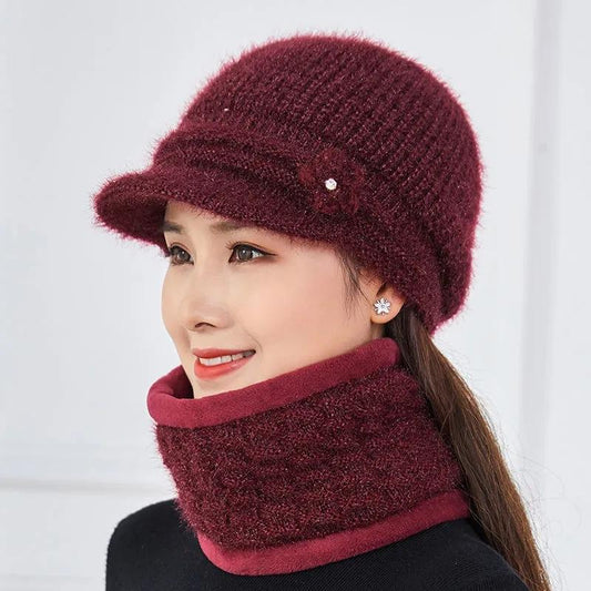 Women's Hat Winter Plus Velvet Thick Woolen Hat Windproof Warm Hat Bib Set Knitted Mother Hat Floral Padded Knitted Caps Mask Scarf One Piece Hat