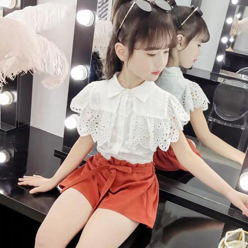 2PCS Children Clothing Set Spring Summer Girls Suits Lace Hollow Out Short Sleeve Tops + Pants Clothing Set