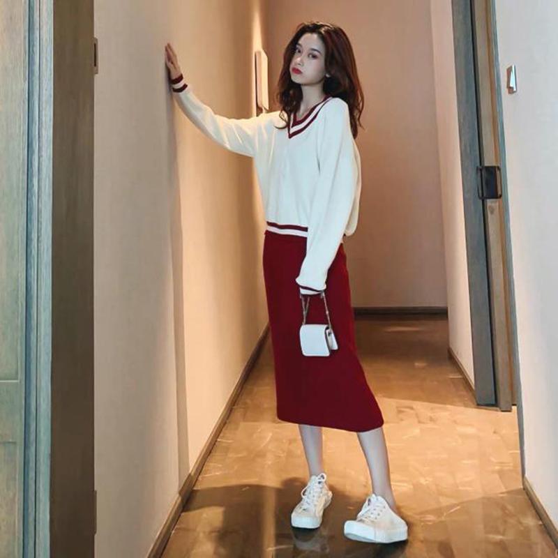 Set Autumn and Winter V-neck Loose Long-sleeved Pullover Sweater Women with Skirts Temperament Knitted Simple Ladies