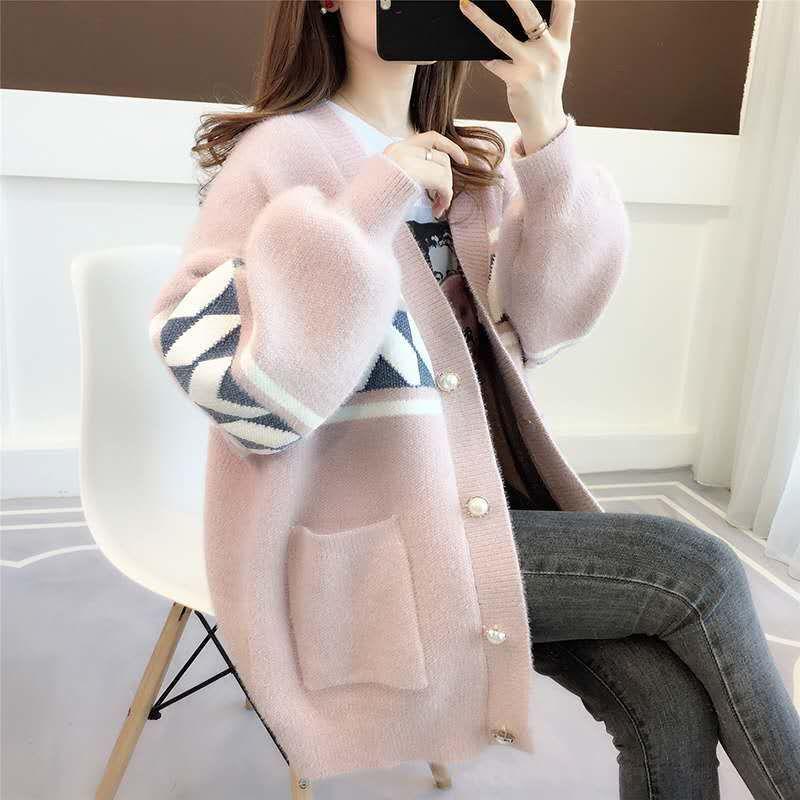 Fall/winter Fashion Top Mid-length Loose Warm Sweater Long Sleeve Knitted Casual Cardigan