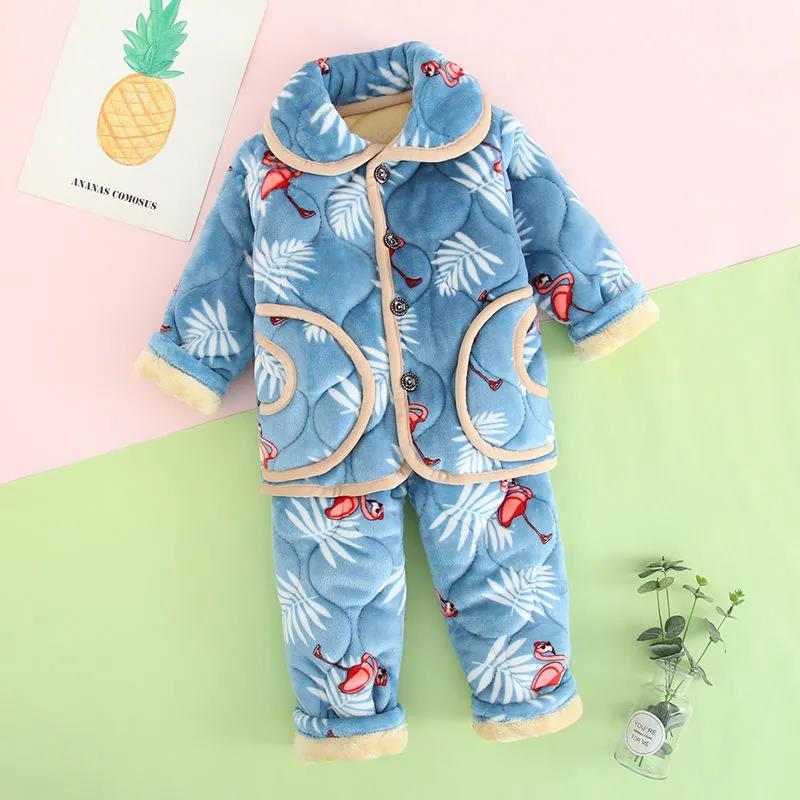 Autumn and Winter Children's Pajamas Coral Fleece Thick Quilted Cotton Boys and Girls Flannel Kids Baby Home Service Suits