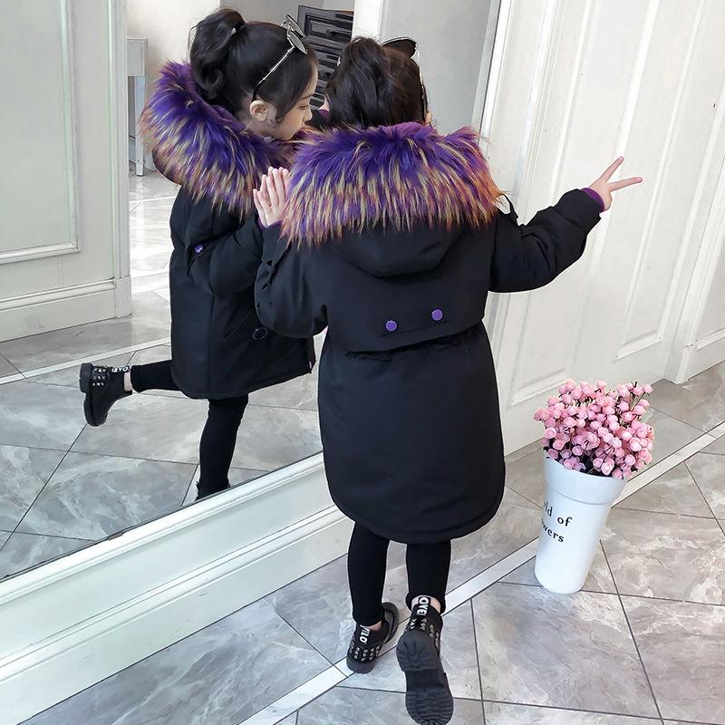 Winter Clothes Plus Cotton Padded Coat for Girls Detachable Plus Velvet Padded Coat Medium and Long Fur Collar Parka  Cotton Padded