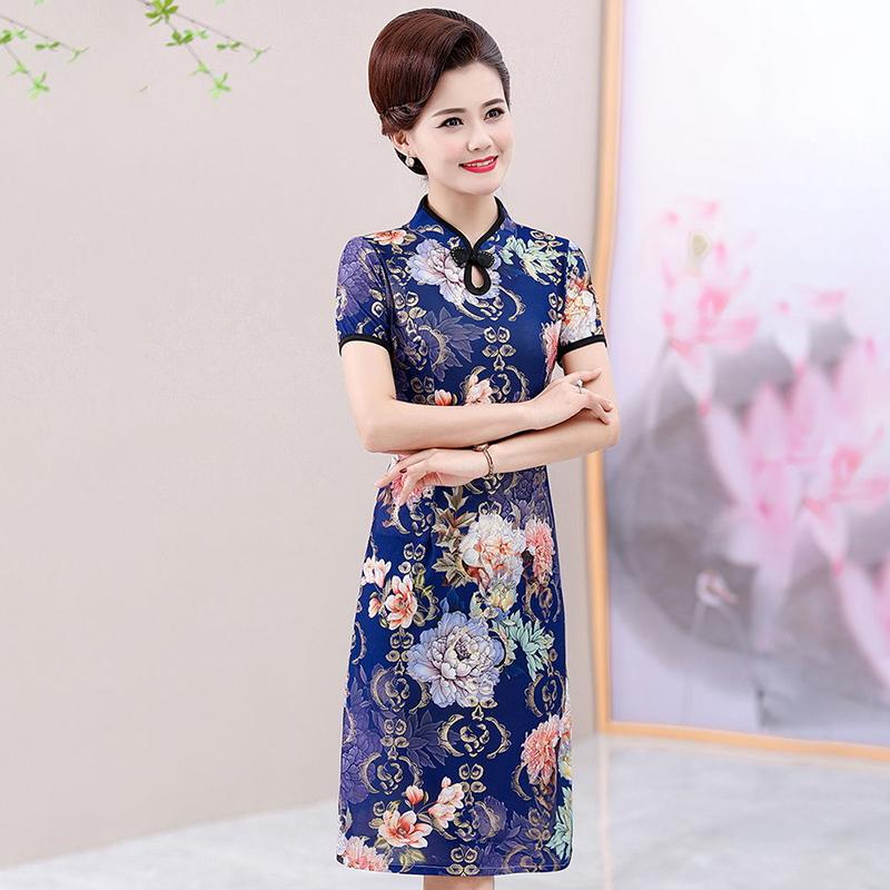 Summer Improved Cheongsam Female Mother Dress Retro Short-sleeved Dress Mid-length Middle-aged and Elderly Printed Cheongsam Dress