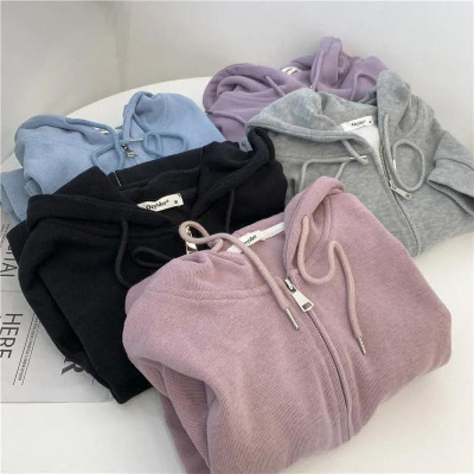 Women's Solid Color Hooded Jacket Lazy Style Zipper Cardigan Top Ladies Sportswear Coat Autumn Outwear Big Pocket Top