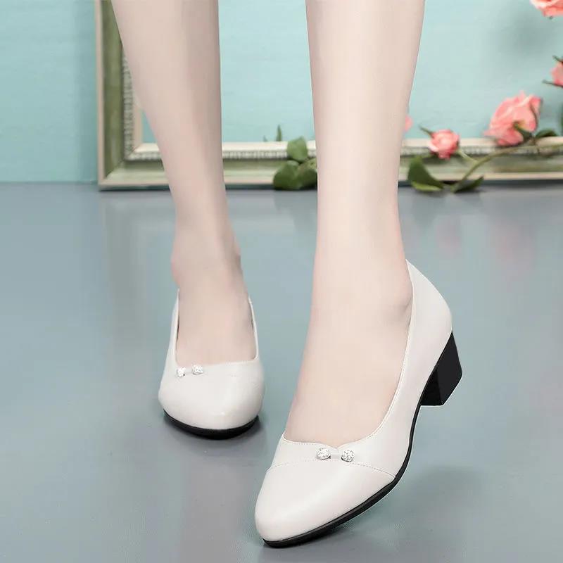 Single Shoes Thick Heel Soft Leather Mother Shoes Round Toe All-match Non-slip Comfortable Work 4cm Medium Heel Women's Leather Shoes