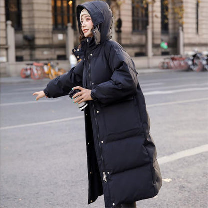 Women's Mid-length Down Jacket Winter Korean Loose Cotton Clothes Casual Hooded Padded Jacket Quilted Jacket