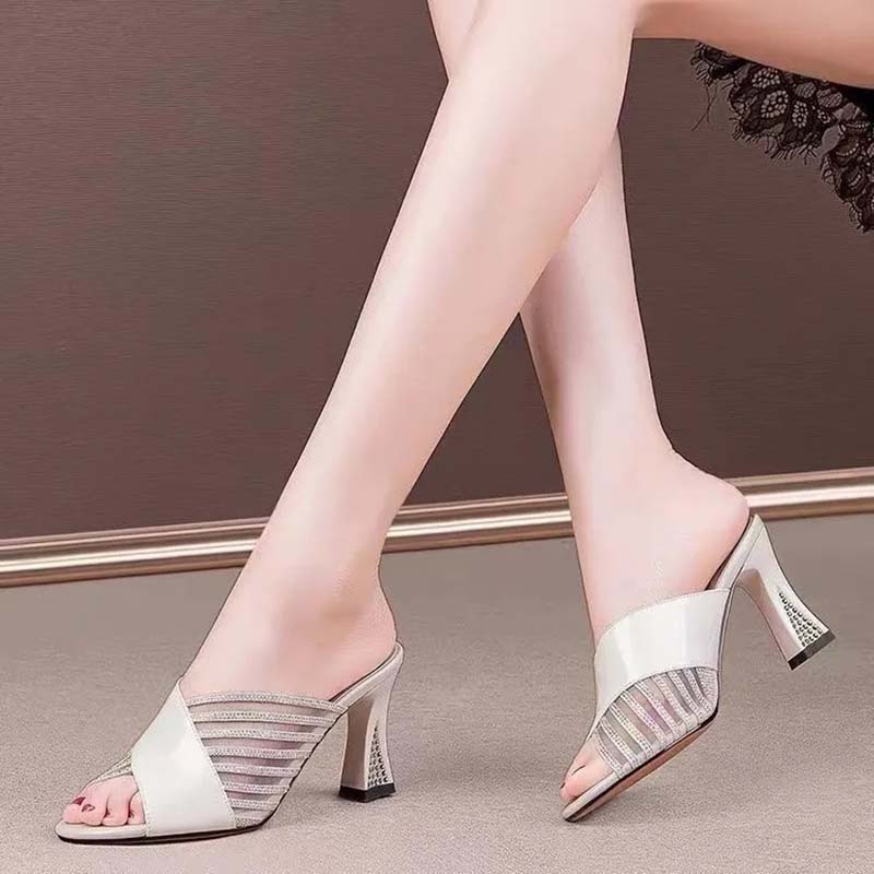 Rhinestone Cowhide Leather Thick Heel Sandals Slippers for Women Summer High Heel Mesh Large Size One Word Slippers Elegant Wear Resistant Flip Flops