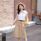 2PC Suit Stand-up Collar Short-sleeved Shirt+ Chiffon Dress Women's Summer French Retro Skirt Fabric Light and Breathable