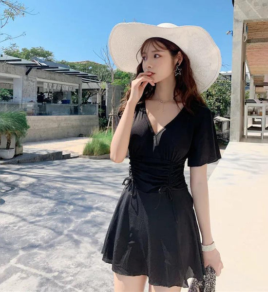 One-Piece Swimsuit Women's Skirt Thin V-neck Small Chest Gathering Boxer One-Piece Swimsuit Women's Skirt A-line Swim Dress