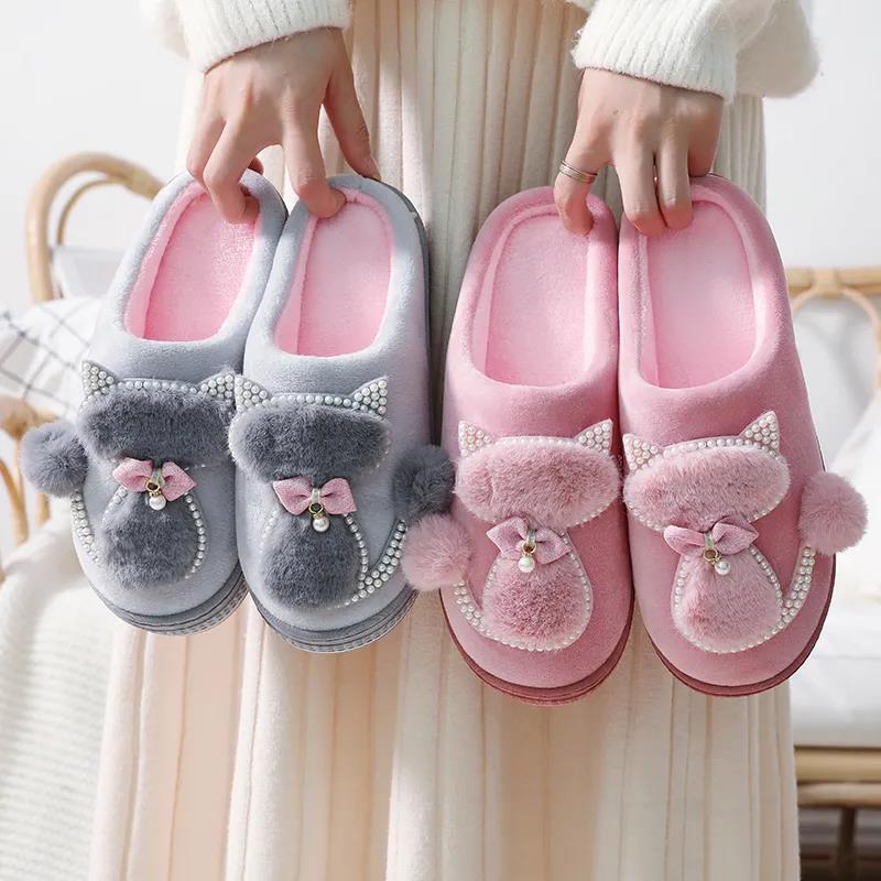 Winter Women's High-heeled Thick-soled Home Cotton Slippers Anti-slip Plush Slippers Confinement Shoes