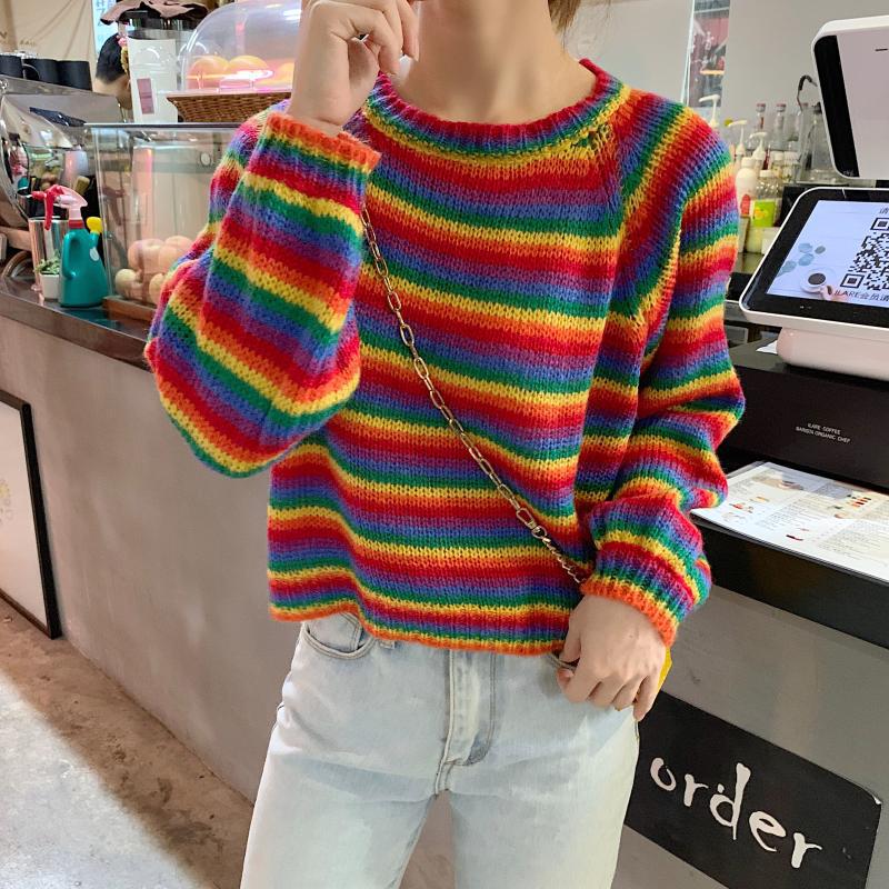 Short Rainbow Striped Sweaters Women Jumpers Knitted O-neck Loose Pullover Long Sleeve Knit Sweater Winter Female