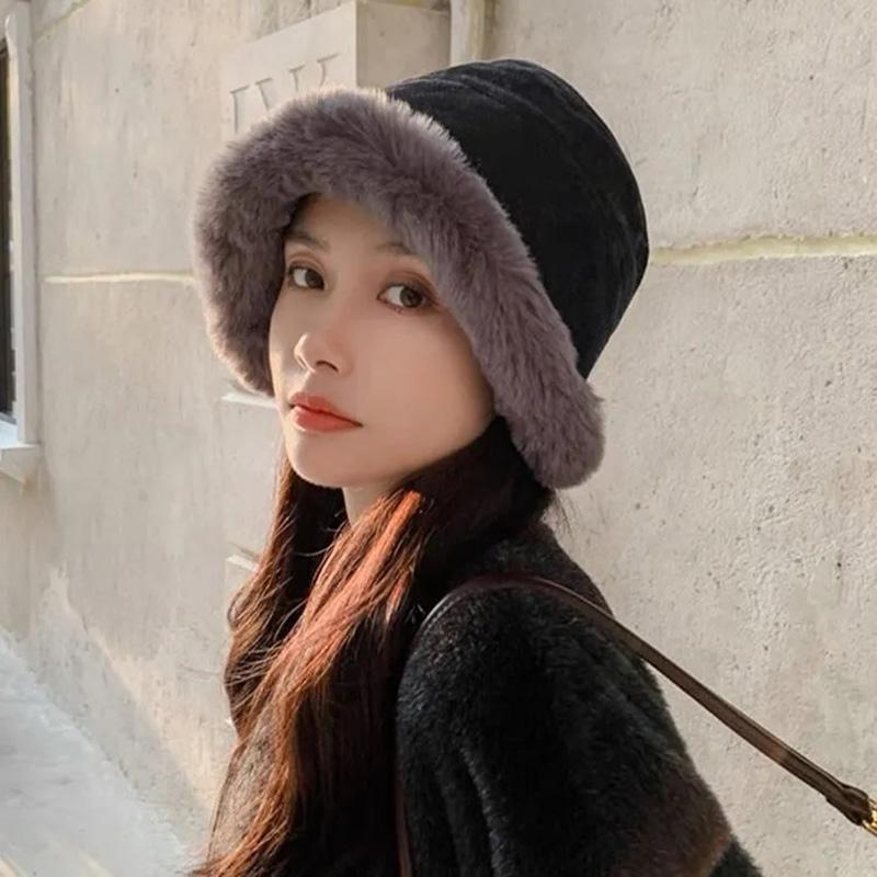 Women's Autumn and Winter Thick Plush Warm Fisherman Hat Cold Proof Windproof Ear Cup Hat Winter Curled Big Head Hat Fluffy Plush Top Cap Basin Hat