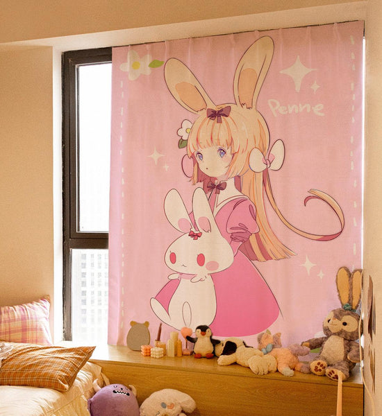 Girly Wind Curtain Comic Curtain Dormitory Rental House Blackout Curtain Velcro Self-adhesive Curtain