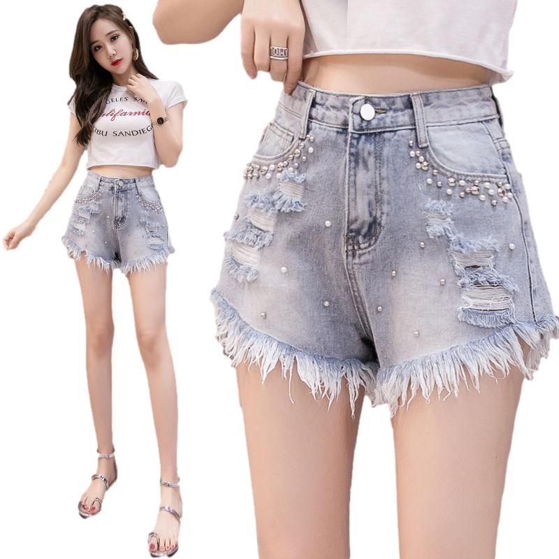 WTEMPO Burrs Pearl Denim Shorts Women Loose Spring and Summer Wide Leg A-line Thin Casual Shorts