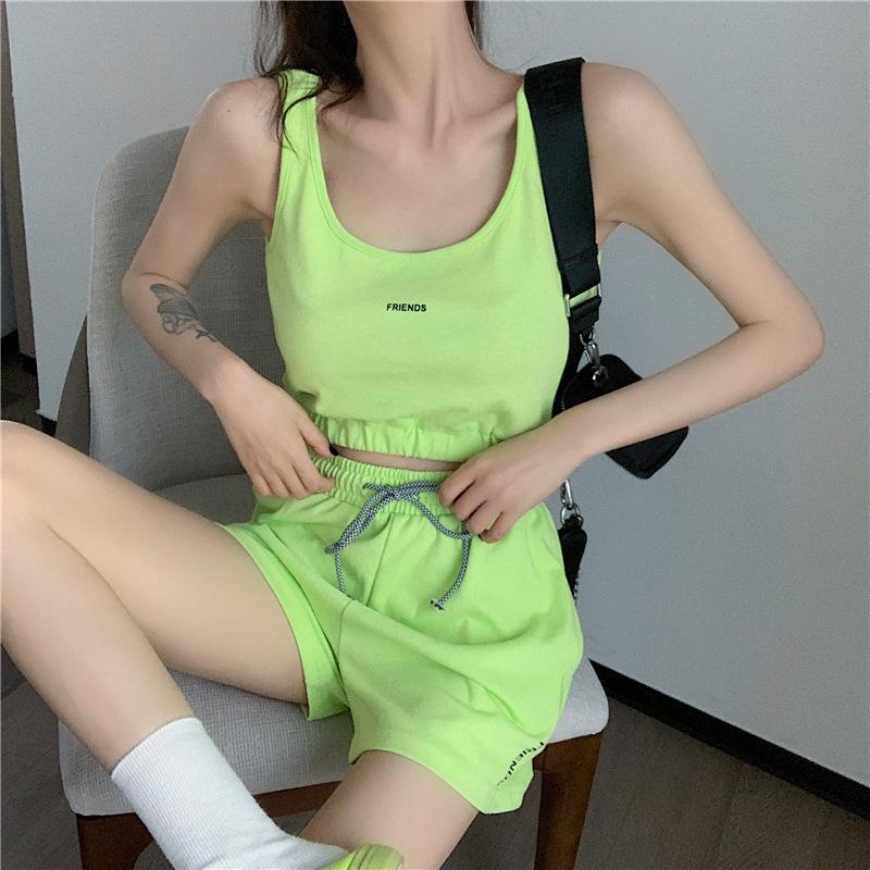 2PCS Summer Women's Sports Suit Vest T-shirt + Loose Drawstring Shorts Two-piece Set Fitness Running Jogging Suit Casual Workout Clothes Set