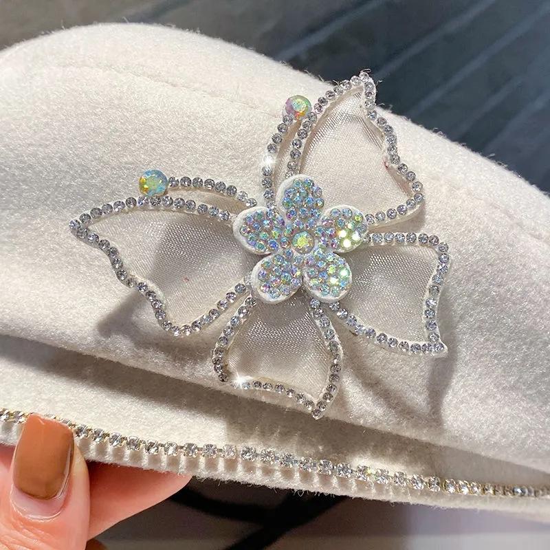 Women's Rhinestone Butterfly Wool Blend Beret Hat Spring Autumn All-match Elegant Retro Painter Hat Solid Color Baker Hat