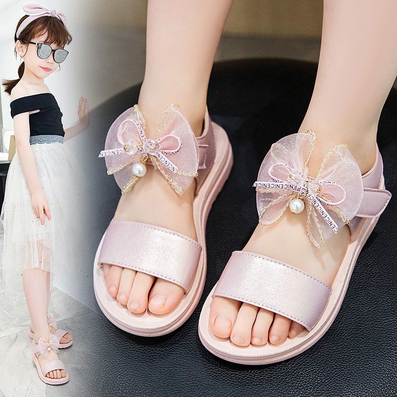 Girls Sandals Summer Bowknot Open Toe Breathable Princess Shoes Korean Children's Soft Bottom Non-slip