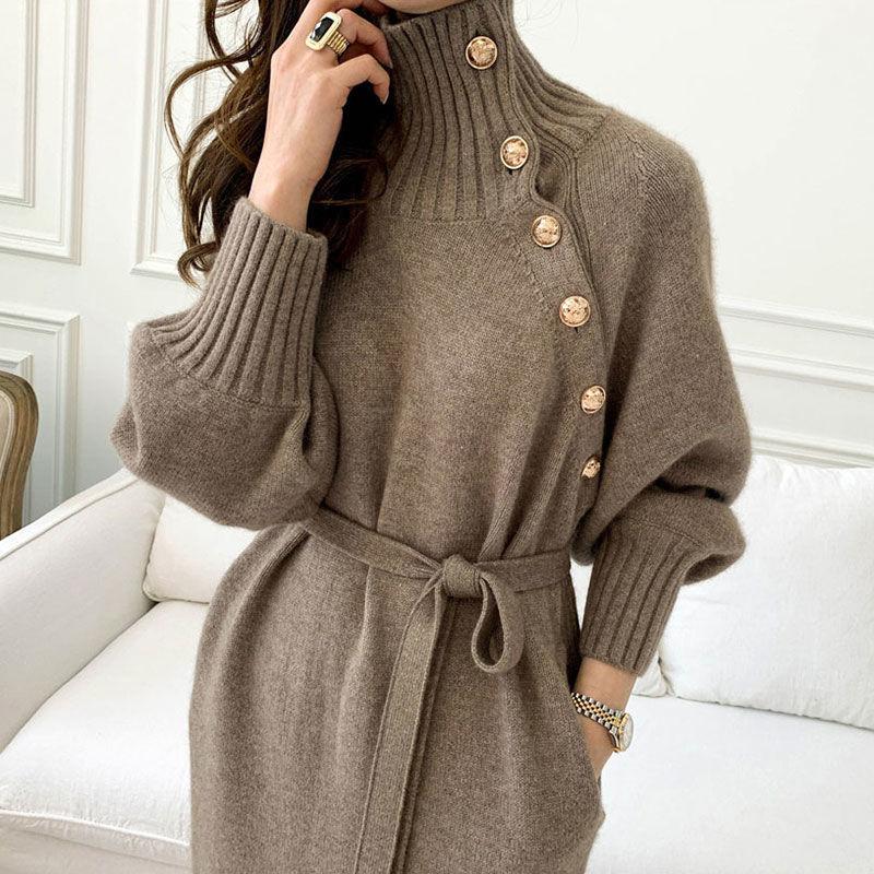 Turtleneck Sweaters Knitted Dress Women Luxury Designer Pullover Long Sleeve Plus Size Loose Jumper Autumn Winter Fashion Lantern Sleeve Belt Coat