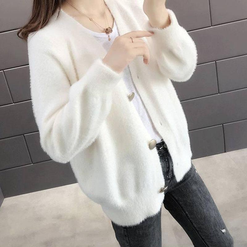 Autumn and Winter Mohair Knitted Jacket Cardigan Simple Casual Sweater Loose Long-sleeved Women's Top