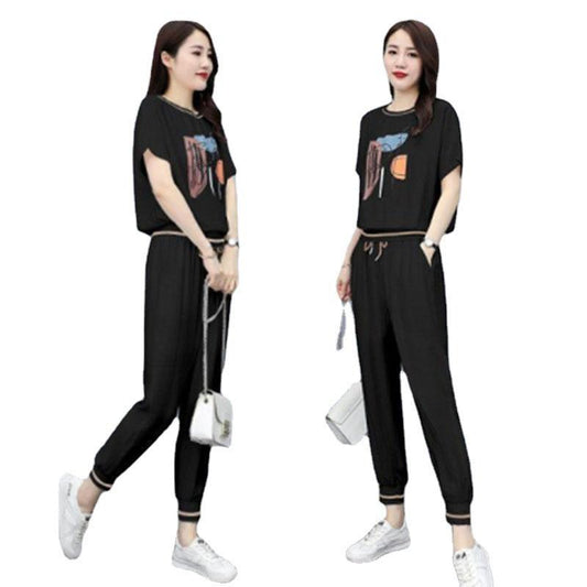 2PCS Women's Leisure Suit Summer Dress Fits Thin Sports Two-piece Short Sleeve Printed T-Shirt + Loose Pants Fitness Jogging Suit