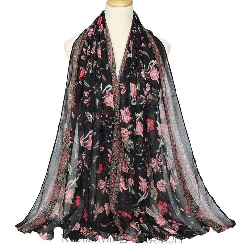 180*90 Huge Size Ethnic Style Warm Scarf for Women Autumn and Winter Print Shawl Scarf Cotton and Linen Sunscreen Silk Scarf Floral Thin Tulle Scarves